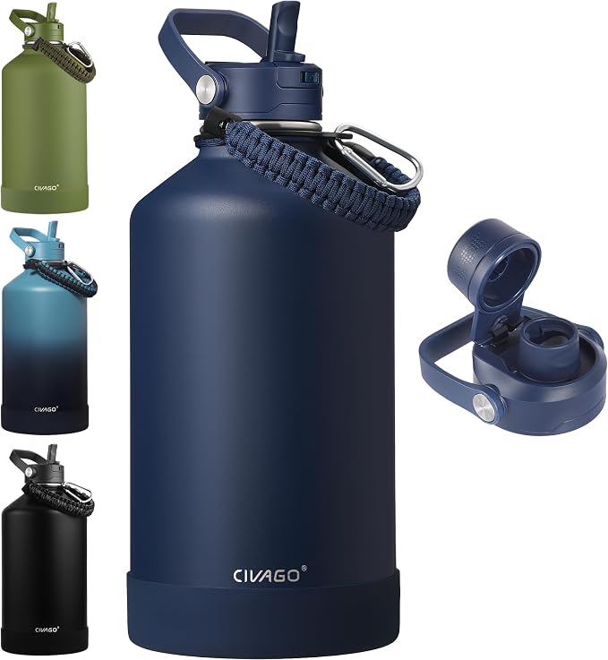 CIVAGO Gallon Insulated Stainless Steel Water Bottle with Removable Straw | 128 oz Large Leakproof Water Jug, Big Metal Sports Flask Cup with Bucket Handle, Silicone Boot, Strap, Dishwasher Safe, Navy