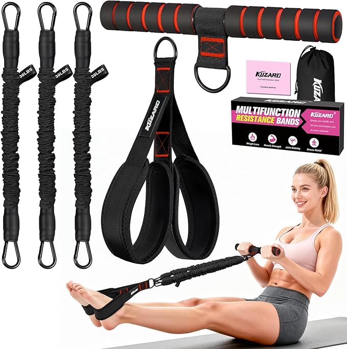 Upgraded Multifunction Pedal Resistance Band with Handle, 3 Tube Adjustable Resistance Bands for Abdomen, Waist, Arm, Core/ABS, Leg Workout - Sit Up Exercise Equipment for Women