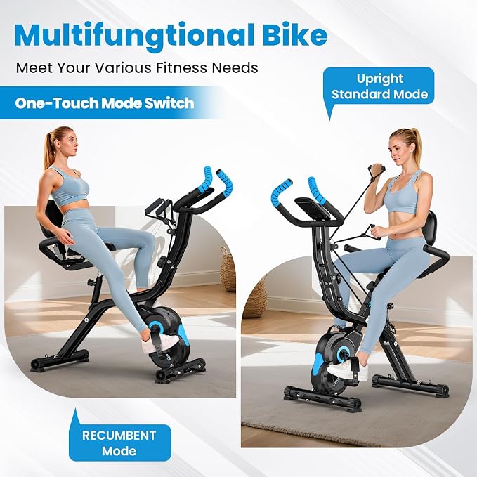 Foldable Exercise Bike, 8-Level Magnetic Stationary Bike for Home Gym | Quiet Indoor Workout Bike with Arm Resistance Bands, LCD Monitor, and 300 LBS Capacity for Full-Body Cardio Training
