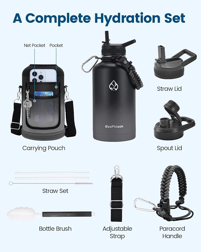 Insulated Water Bottle 64 oz with Carrier Bag, Black/Gray | Stainless Steel, Vacuum Insulated Keep Cold 48 Hrs, Half Gallon Large Water Jug, For Travel, Sport, Gym, Hiking