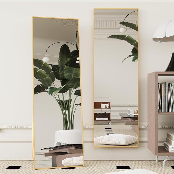 Beauty4U 59" x 16" Full Length Mirror with Stand, Gold Floor Mirror | Standing, Leaning, or Wall-Mounted Tempered Glass Full Body Mirror with Metal Frame for Bedroom, Closet, Modern Home Decor