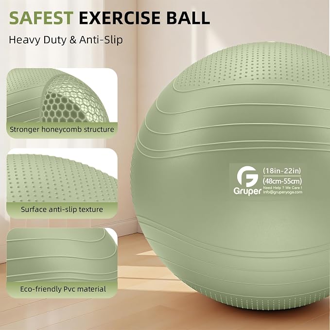 Gruper Yoga Ball, Extra Thick Non Slip Exercise Ball for Workout, Yoga, Pregnancy, 4 Sizes Anti Burst Chair for Home and Office, Includes Foot Pump & Fitness Guide