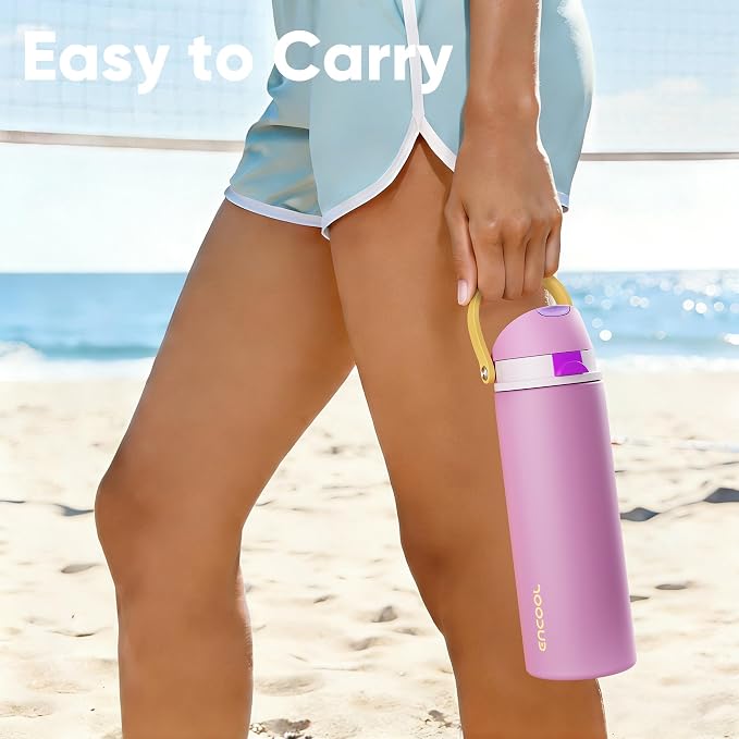 Insulated Water Bottle with Straw - Encool Stainless Steel Water Bottle with Push Button Lid, Leak-Proof & BPA-Free, Keeps Cold for 24 Hours for Sports, Travel, Gym (32 oz, Light Orchid-Fuchsia)