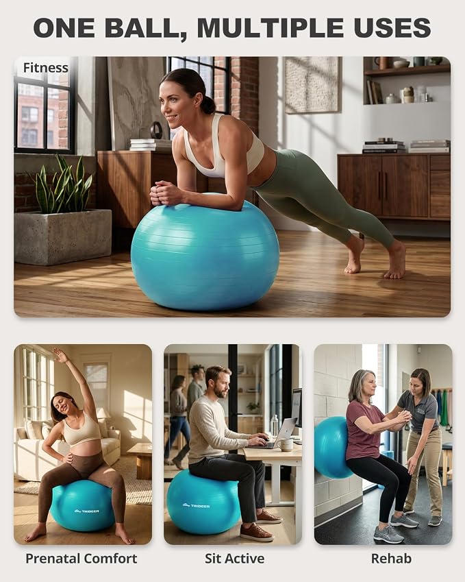 Trideer Yoga Ball for Exercise, Pilates, Core & Balance Training, Stability Ball for Pregnancy & Birthing Prep, Physical Therapy, Daily Stretching, Office Chair for Active Sitting, Quick Pump Included