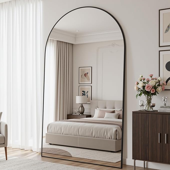 Full Length Mirror, 82"x44" Arched Floor Mirror Freestanding, Floor Standing Full Body Mirror with Stand for Bedroom, Hanging Mounted for Living Room Cloakroom, Black