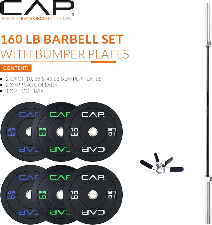 CAP Barbell Olympic Weight Set with 7ft Barbell & Bumper Plates | 160-370 lbs | Multiple Options