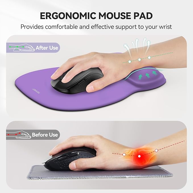 TECKNET Gel Ergonomic Mouse Pad with Wrist Rest, Non-Slip PU Base, Purple | Comfortable Gel Cushion, Pain Relief, Smooth and Waterproof Surface, Mouse Pad with Wrist Rest for Office, Gaming and Study