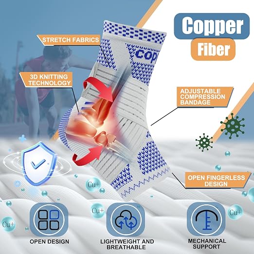 LISEPWU Copper Ankle Brace with Adjustable Compression Bandage, Ankle Support Compression Sleeve for Men & Women, for Foot Pain, Sprained Recovery, Achilles Tendonitis, Sports Protection(Blue L)