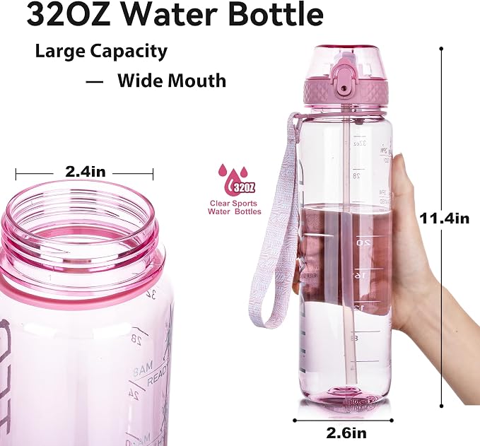 GOPPUS 32oz Clear Water Bottle with Straw & Time Marker, BPA-Free Tritan Leakproof Sports Water Bottle, Wide Mouth for Gym, Travel, Hiking, School & Office