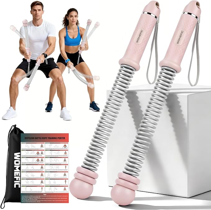 Weighted Ropeless Battle Ropes Adjustable Weight - Portable Cordless Battle Ropes for Home Gym with Poster - Strength Building, HIIT and Low-Impact Aerobic Training for Men & Women (Pink)