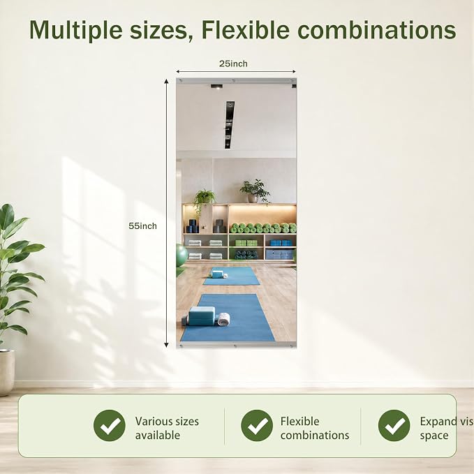 Home Gym Mirror, 55"x25"-1 PCS Gym Mirrors for Wall, Frameless, Tempered Glass, Large Workout Wall-Mounted Mirrors for Home Gym, Dance Studio, Yoga Room, Garage Gym, Silver