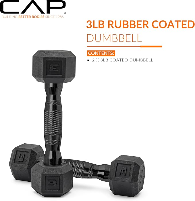CAP Rubber Coated Dumbbell Weights, Free Weights for Home Gym Strength Training, Anti-Roll Hex Dumbbells with Black, Chrome & Comfort Grip Handles, Pairs & Sets