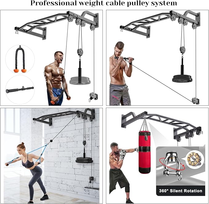 SELEWARE 48'' Heavy Duty Wall Mount Pull Up Bar with Cable Pulley System | Multi-function Chin up Bar with Cable Pulleys LAT Pulldown Attachments Heavy Bag Hanger for Home/Garage Gym Strength Training