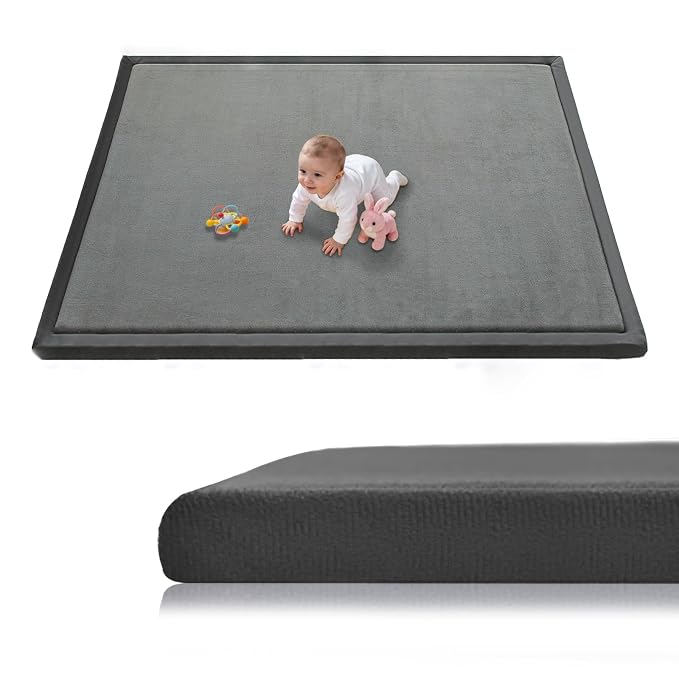 Baby Play Mat for Floor, 50'' x 50'' Thicken Foam Soft Padded Playmat for Tummy Time, Playpen Mat for Toddlers Infant Kids, Water-Repellent Coral Velvet, Non-Slip Bottom Safe for Crawling (Dark Grey)