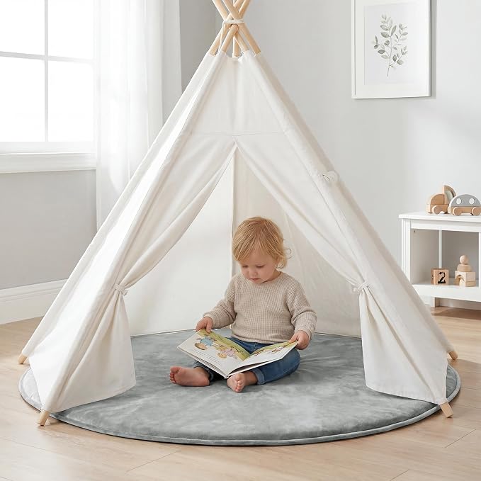 Baby Play Mat for Floor,1.3" Thick Elasti-Foam 47in Round Mat for Tummy Time,Water Repellent Soft Coral Velvet for Toddler,Infant,Kids,Non-Slip Backing Safe for Crawling(Light Grey)
