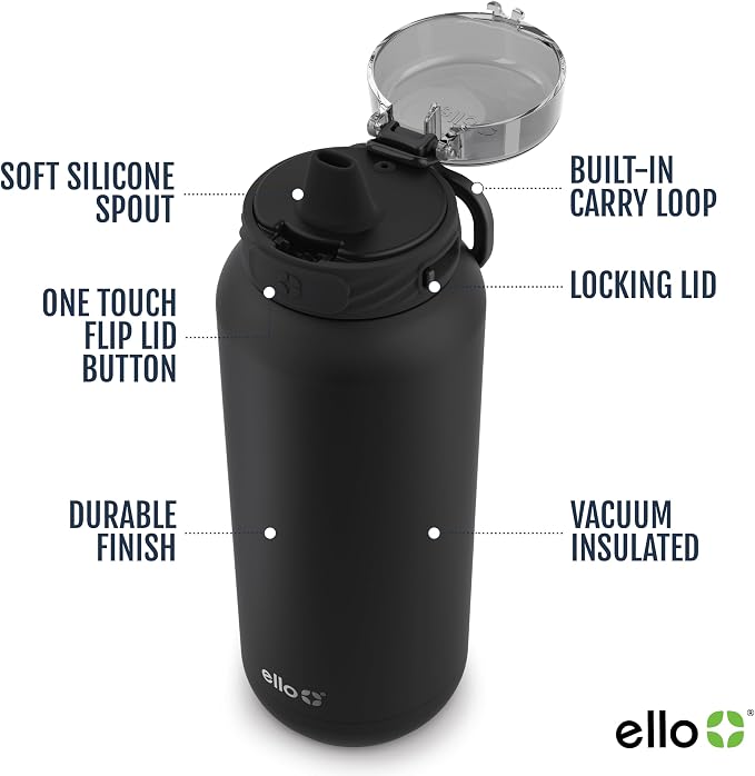 Ello Cooper 22oz Insulated Stainless Steel Water Bottle with Straw, Black | Leakproof water bottle with straw and carry handle. BPA-free, keeps drinks cold 26 hours, great for gym, travel, and school.