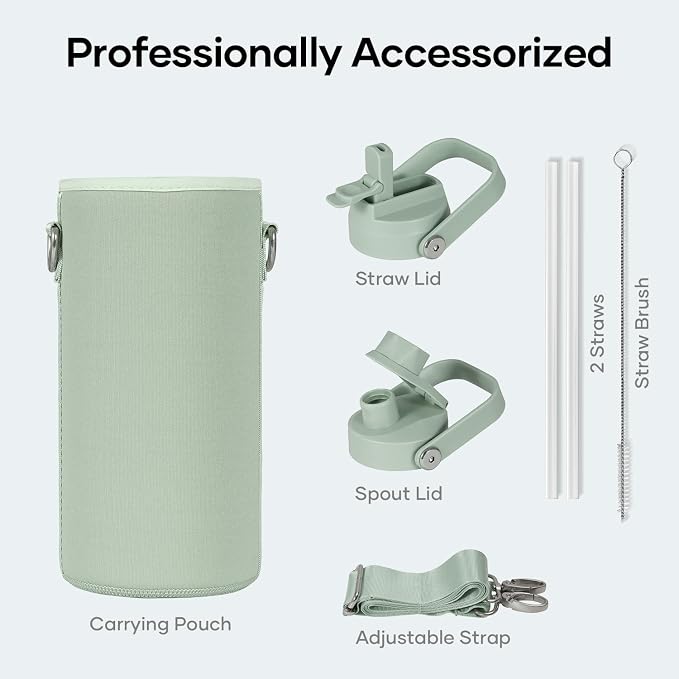 BUZIO Insulated Stainless Steel Water Bottle 32 oz with Straw & Spout Lids | Triple Wall Insulated Tumbler (Dishwasher Safe) ,Cold for 48 Hrs/Hot for 24 Hrs, Leakproof, BPA-free, for Sports, Gym, School