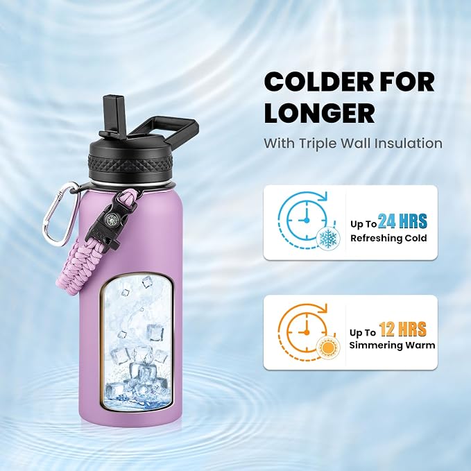 RAYMYLO Insulated Water Bottle 32 oz, Triple Wall Vacuum Stainless Steel | (Cold for 24Hrs, Hot for 12Hrs), Leak Proof & Non-BPA, Modern Water Flask Jug with Paracord Handle & Straw Spout Lids