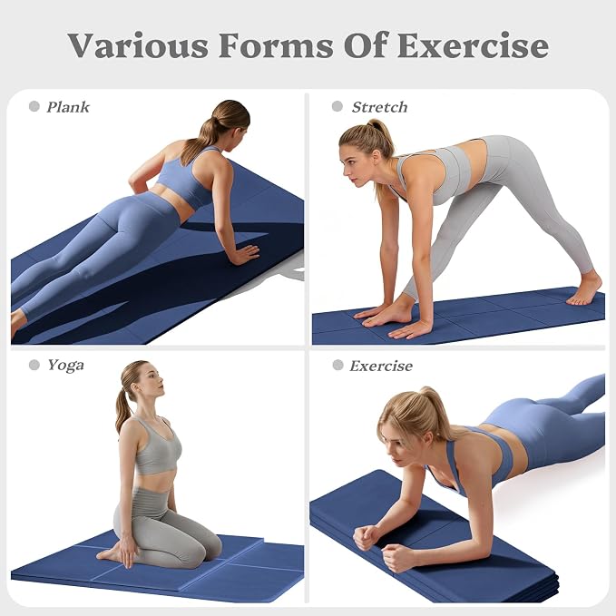 Foldable Yoga Mat Non Slip, Pilates Fitness Mats, 72" x 24" Extra Width ＆ Thick, Anti-Tear Exercise Mat with Carrying Strap and Bag, Workout Mats for Stretching,Yoga Studio,Gym or Home Workouts