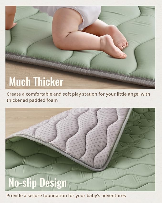 Blissful Diary Baby Play Mats for Floor, 59x59 Inch Thicker and Larger Soft Cushioning Foam Playmats for Babies and Toddlers, Foldable Washable Baby Playpen Mat, Sage Green
