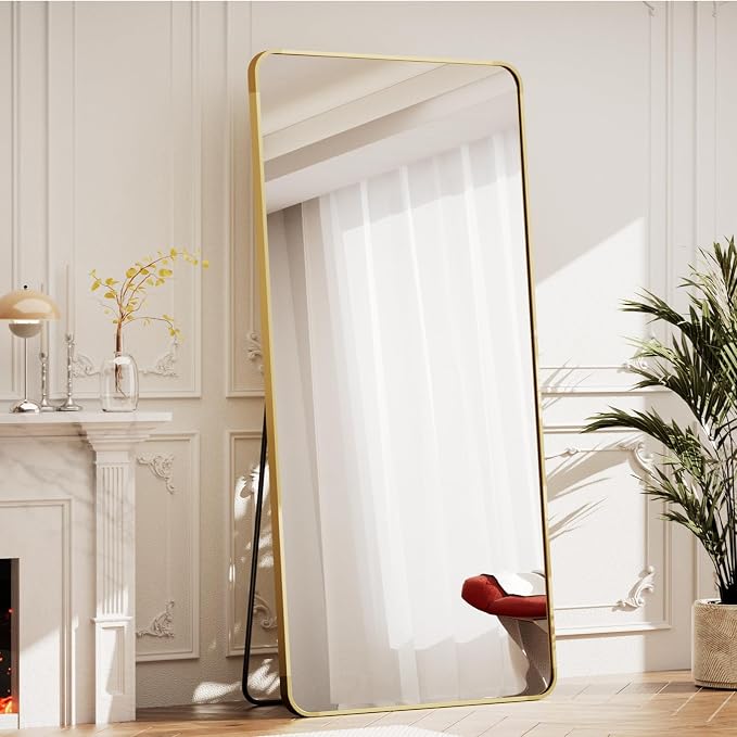 BEAUTYPEAK 71" x 32" Rounded Corner Full Length Mirror with Stand, Gold | Aluminum Alloy Frame with Standing, Leaning, or Wall-Mounted, Ideal for Bedroom, Dressing Room, Entryway, and Living Room