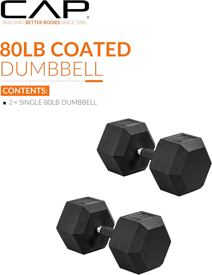 CAP Rubber Coated Dumbbell Weights, Free Weights for Home Gym Strength Training, Anti-Roll Hex Dumbbells with Black, Chrome & Comfort Grip Handles, Pairs & Sets
