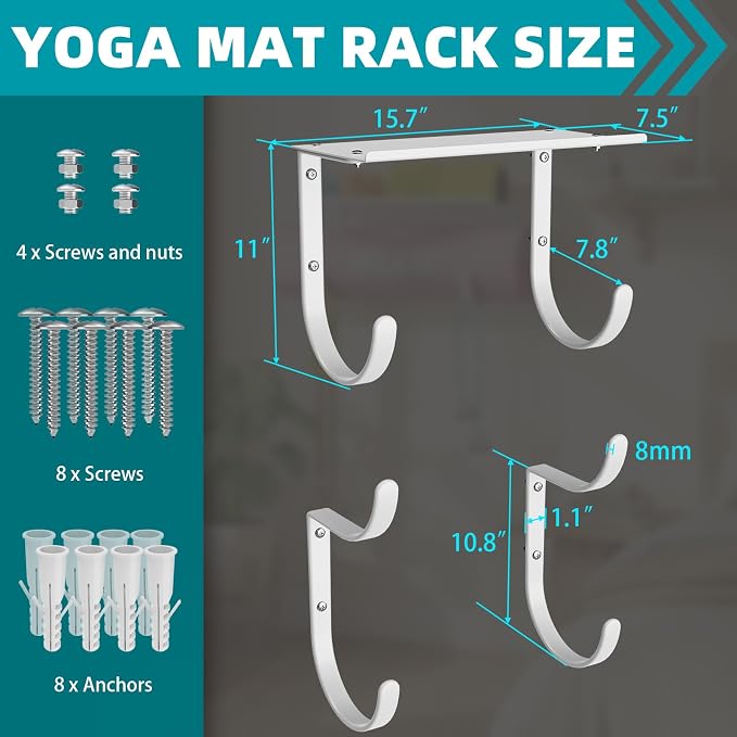 Yoga Mat Holder Wall Mount, No Tying, No Straps | Rubber-Coated Home Gym Storage Rack with Top Floating Shelf, 4-Tiers Holding Yoga Mat/ Blocks/ Rollers and Decorations