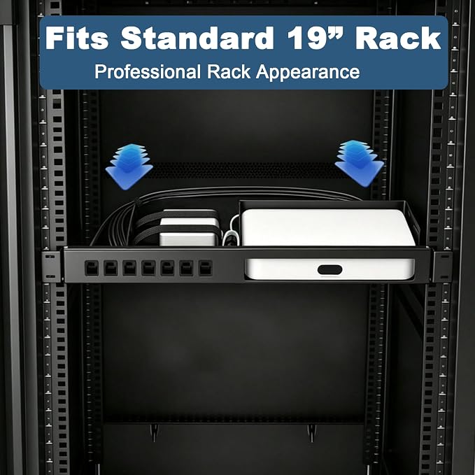 19-inch 1U Metal Rack Mount for Ubiquiti UCG-Fiber & UXG-Fiber - Hinged Rack Tray with 7 CAT6 Keystones, Power Bay, Ventilated Steel Shelf, Black