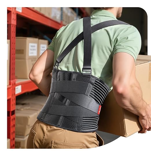 Ultra Breathable Work Back Brace for Men, Upgraded Medical-Grade Support | Lower Back Support Belt with Removable Suspenders - Pain Relief for Lifting, Warehouse, Construction, Moving, Large