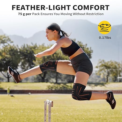 CAMBIVO 2 Pack Knee Brace for Women & Men, Latex Free & Silicone Free Compression Knee Sleeves with Side Stabilizers, Lightweight Knee Support for Arthritis, Meniscus, Walking, Running (Orange-Black, Small)