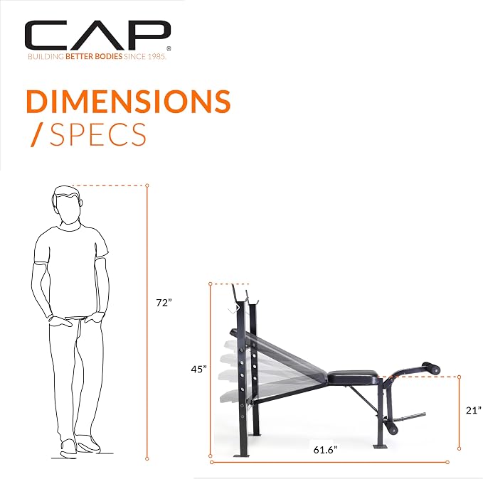 CAP Barbell Standard Weight Bench with Leg Developer and a 100 LB Vinyl Weight Set – Adjustable Backrest, Barbell, and Cement Plates for Home Gym