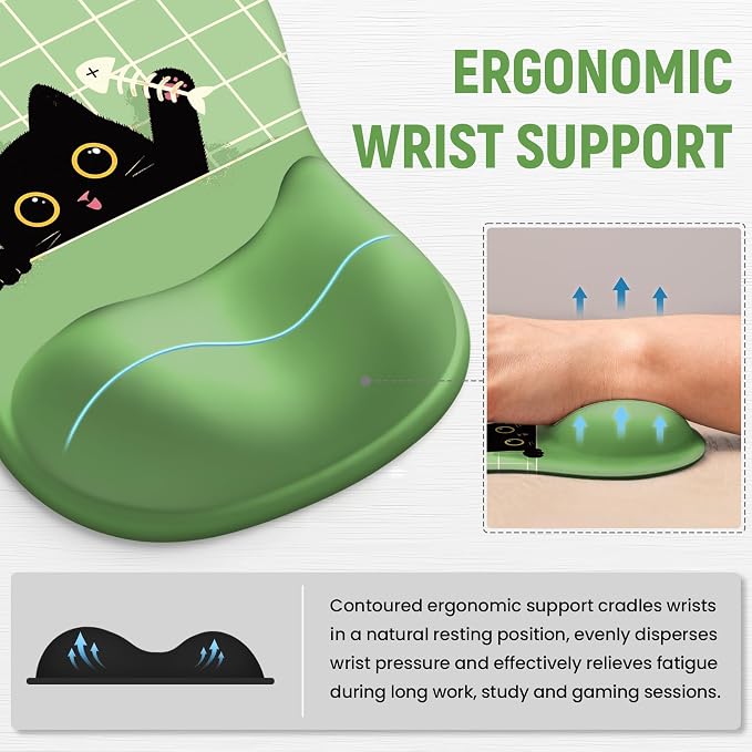 Ergonomic Mouse Pad with Wrist Rest, Gel Wrist Support, Green Cat | 10.2 x 7.6 in Mouse Pad with Smooth Fabric Surface and Non-Slip Rubber Base for Office, Home, Study, and Gaming