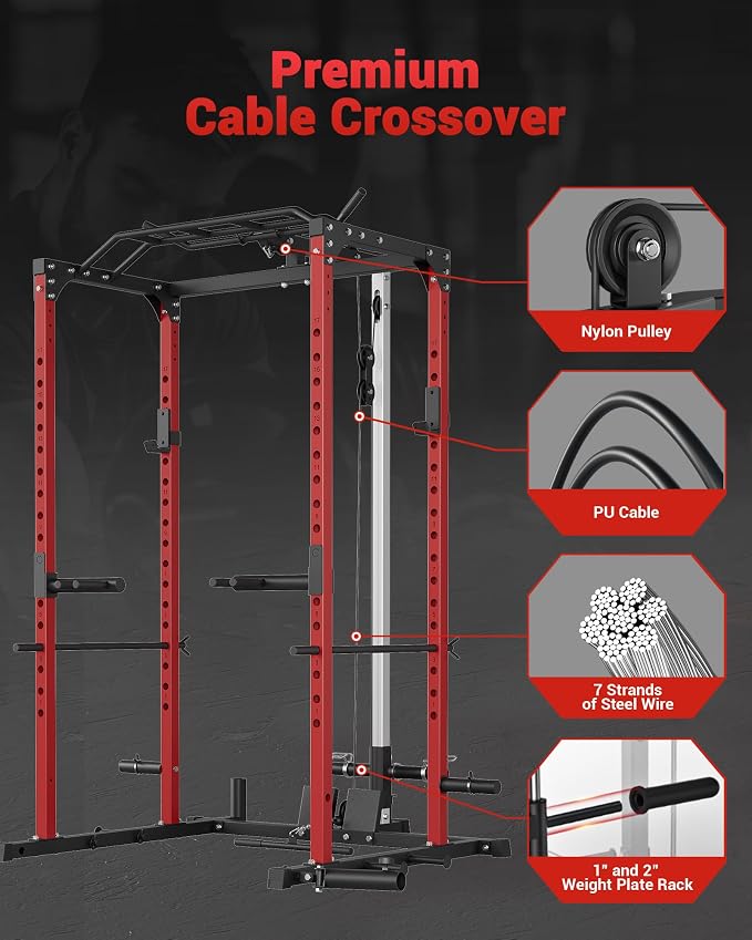 GarveeLife Power Cage, Power Racks for Home Gym with Pulley System | 1200 LBS Weight Capacity Multi-Functional Squat Rack for Strength Workout with More Training Attachment (Red D1002)