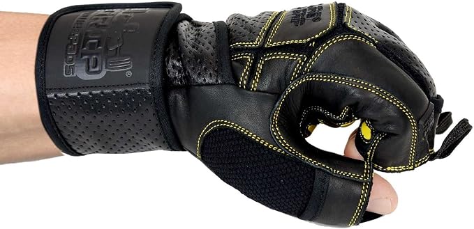 Elite Leather Gym Gloves with Built in 2" Wide Wrist Wraps Grip & Design for Weightlifting Power Lifting Bodybuilding & Strength Training Workout Exercises
