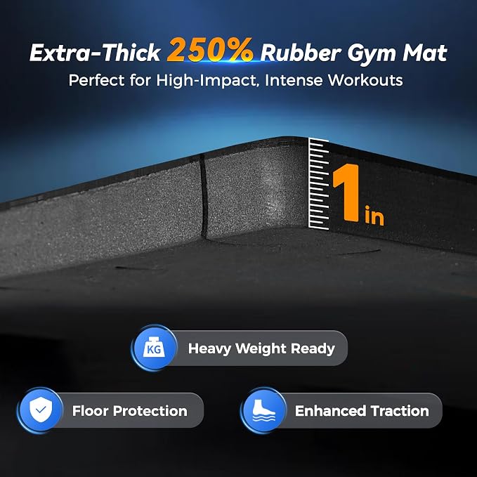 SUPERJARE 1" Extra-Thick Rubber Top Exercise Mat, Puzzle Gym Flooring for Home Gym, Gym Mat for Workout Equipment, Interlocking Floor Tiles with EVA Foam, 12 Pcs 48 Sq Ft, Black/Grey
