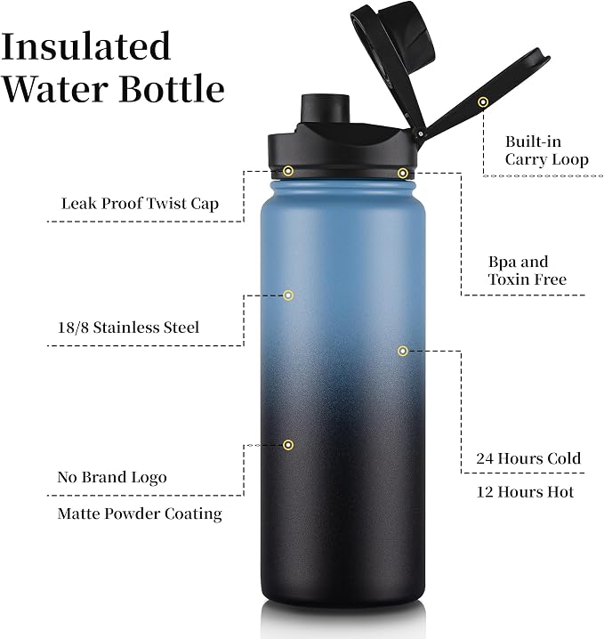 24 oz Insulated Water Bottle with Straw Lid & Wide Mouth Lids, Stainless Steel Sports Water Bottles, Double Walled Vacuum, Leak Proof, Blue Black Gradient