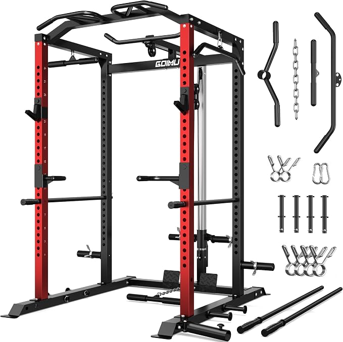C1-V4 Power Cage, 2000LBS Squat Rack with LAT Pulldown, Multi-Function Weight Cage Strength Training Machine, Workout Cage with More Attachments for Home Gym Garage