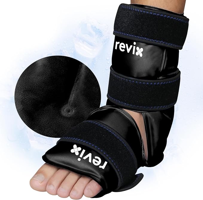 REVIX Ankle Ice Pack Wrap, Gel Ice Pack with Cold Compression, Black | Reusable Cold Wrap Covers Foot, Ankle & Heel for Plantar Fasciitis Discomfort and Swelling, 3 Adjustable Straps