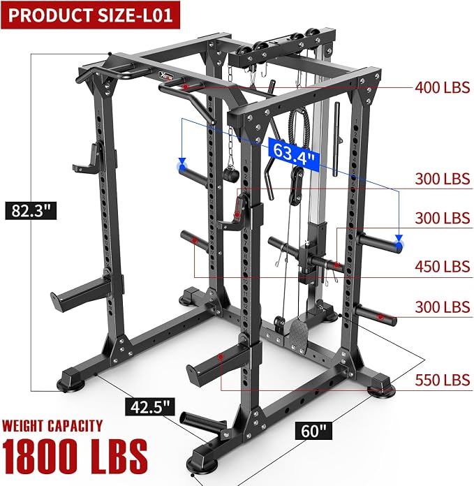 Power Cage Multi-Function Power Rack with Cable Crossover System,1500 LBS Capacity Squat Rack with Weight Bench,for Home Gym