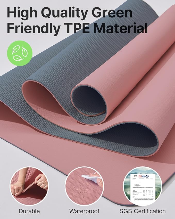 Yoga Mat,Non-Slip TPE Exercise Mat(1/4 Inch) for Pilates, Fitness & Barefoot Workouts, Home Gym Studio with Strap & Bag