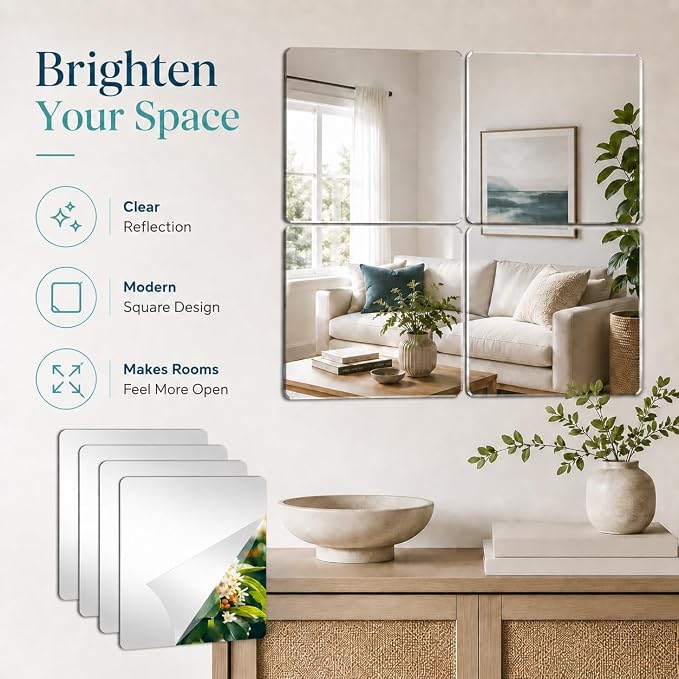 LXCREAT 4 Packs Peel and Stick Mirrors for Wall, 11.8" x 11.8" Mirror Tiles | Self Adhesive 2MM Thick Frameless Acrylic Plastic Mirror Sheets Wall Stickers for Bedroom Bathroom Gym Door DIY Decor