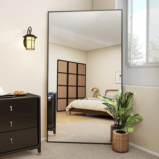 VooBang Oversized Full Length Mirror, 86" x 40" Floor Mirror with Stand | Aluminum Alloy Frame Full Body Dressing Mirror, Standing Hanging or Leaning Against Wall Bedroom Living Room, Black