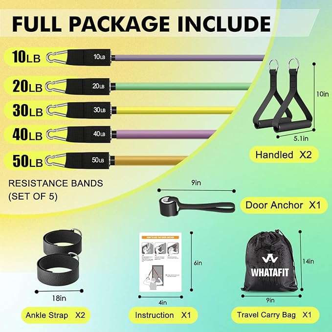 WHATAFIT Resistance Bands with Handles, 5-Level Exercise Bands for Workout | Natural latex,10-50 lbs, stackable to 150,Ankle Straps, Door Anchor,Guide. For Strength, Yoga,Home Gym,Travel & Workout.