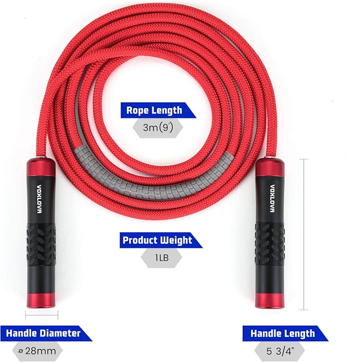 Weighted Jump Rope for Men Women - 1LB Heavy Jump Rope Weighted Skipping Rope for Adult Fitness Workouts Boxing Crossfit Cardio Weight-loss MMA, Non-Slip Aluminum Handles, Adjustable Length 9MM Solid PVC/Cotton Ropes