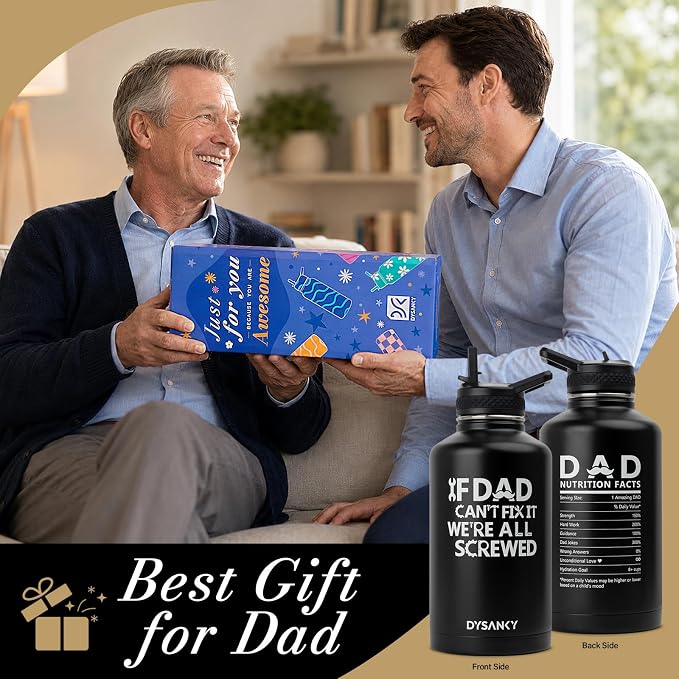 DYSANKY Fatehers's Day Water Bottle Gift for Dad– 64 oz Insulated Stainless Steel Bottle with Carrier Bag, Strap & Gift Box – BPA-Free – Ideal for Hiking, Camping & Travel 64 oz