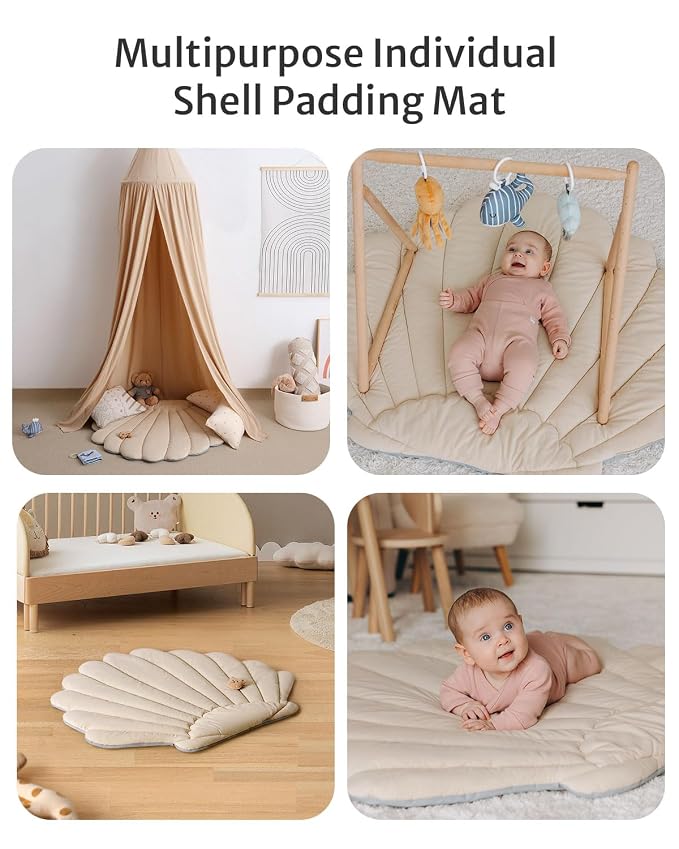 Blissful Diary Shell Baby Play Gym Mat, Softer & Enlarged Tummy Time Mat w 6 Detachable Toys for Sensory & Motor Skill Development, Activity Mat for Newborn Essentials Shower Gift, Boho Ocean Theme