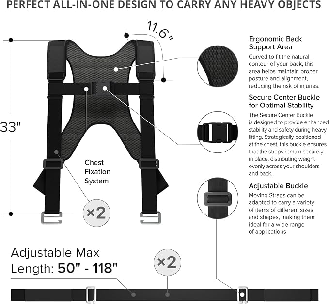 X-Protector Moving Straps - 2 Pairs - Black Lifting Straps for 2 Movers | Move Furniture Easily and Safely - Perfect for Lifting and Moving Heavy Objects! (with Back Support, Black)