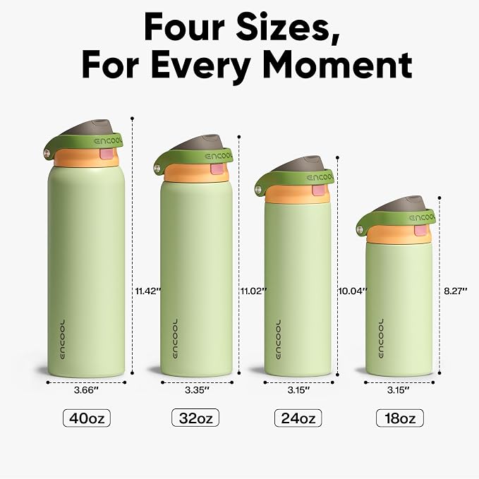 ENCOOL Leakproof Insulated Water Bottle with Straw Dual-Sip Water Bottle Bag-Safe Design for Work, Commute & Gym – Keeps Drinks Cold All Day, 24 oz, Sage Green