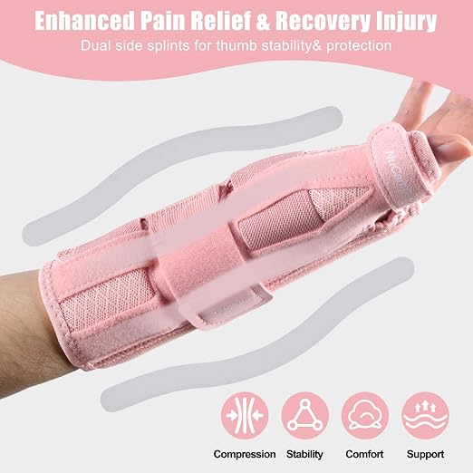 Carpal Tunnel Wrist Brace with Thumb Support, Thumb Brace Spica Splint for De Quervains Tenosynovitis, Tendonitis, Trigger Thumb Splint Wrist Support for Men Women - Right Hand,Pink,L/XL