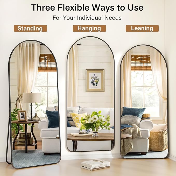 Arched Full Length Mirror 64"x21" with Round Corner Black | Standing Body Mirror with Aluminum Frame for Bedroom Cloakroom Living Room Make-up Gift
